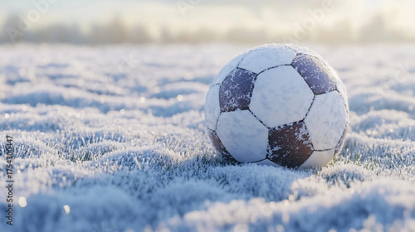 Fototapeta Snow Covered Football Goal. Soccer ball lying on frosty grass field in early winter morning light, cold outdoor sports scene with snow and ice crystals