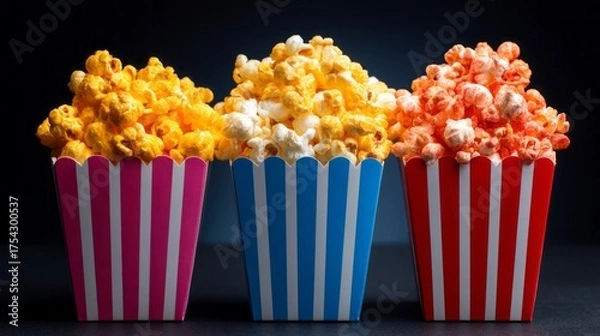 Fototapeta Three vibrant striped glasses showcase a selection of appetizing popcorn in yellow, white, and orange hues