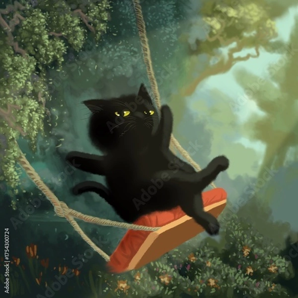 Obraz Black cat playing on the swing