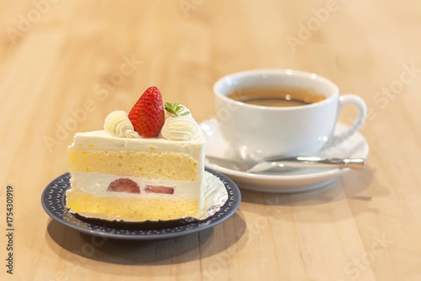 Obraz Delicious slice of cake with strawberry and a cup of coffee on a wooden table