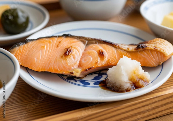 Obraz 香ばしい鮭の塩焼きと大根おろし
