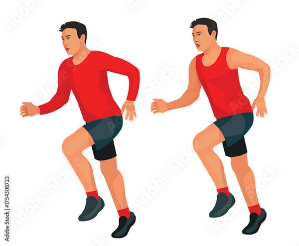 Fototapeta Figures of an East Asian athlete running in place during a warm-up before running competitions in winter and summer sportswear
