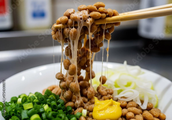 Obraz 箸で持ち上げるネバネバの魅力！栄養満点、日本の伝統食『納豆』