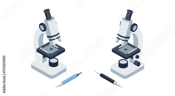 Fototapeta Science equipment with microscopes and pens for laboratory research in isometric style