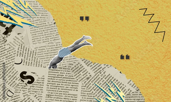Obraz Fashion halftone art collage: young man, jump, outfit, newspaper, literature, pages, pool, press, media, author, quote, education, comment, phrase