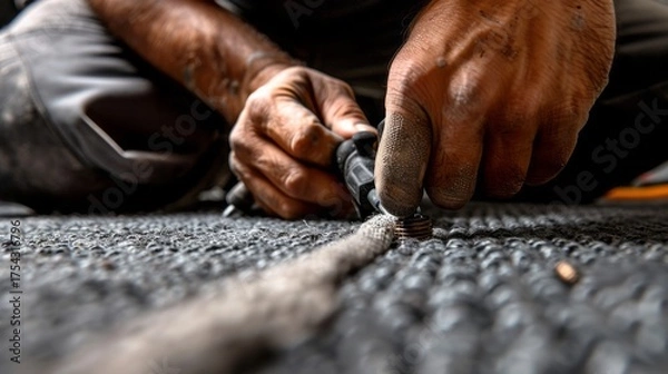 Fototapeta Closeup of a persons hands meticulously working on a textured gray surface, possibly repairing or crafting something with a small tool, showcasing attention to detail and craftsmanship in progress