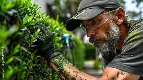 Fototapeta A focused shot captures a landscaper meticulously trimming a lush green hedge, his protective eyewear reflecting the sunlight, showcasing the dedication and precision of outdoor maintenance work