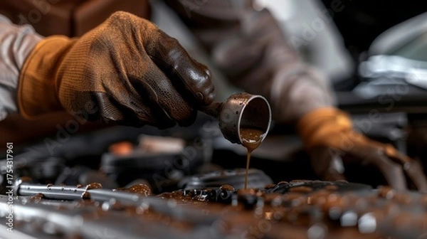 Fototapeta Closeup of a mechanics gloved hand pouring used engine oil from a socket wrench onto the engine, showcasing the process of oil change and maintenance in a garage setting with focus on the dirty oil