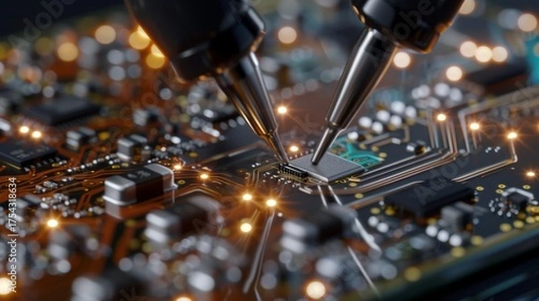 Fototapeta Precise Electronics Testing on a Modern Circuit Board with Advanced Microchip Components and Connectors.