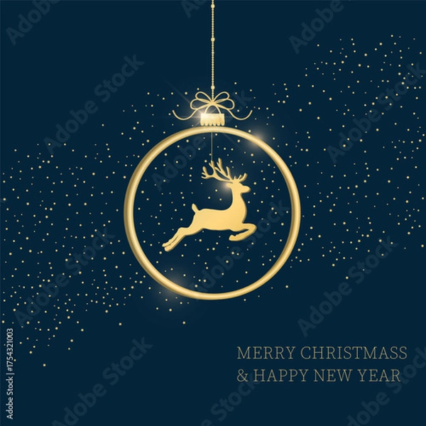 Fototapeta Greeting card with small christmas dears. Christmas golden deer on dark green background with golden snowflakes. Vector illustration. Gold pattern