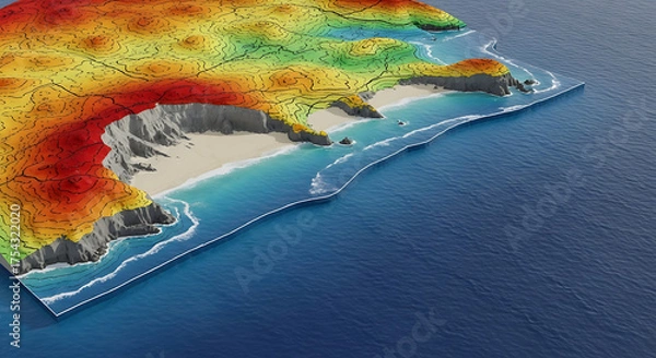 Obraz Coastal Topography 3D Render of a Beach with Elevation Data and Detailed Terrain Display