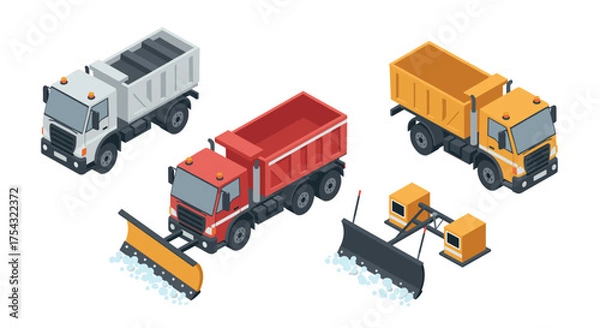 Fototapeta Isometric dump trucks and snow plows collection for construction and winter