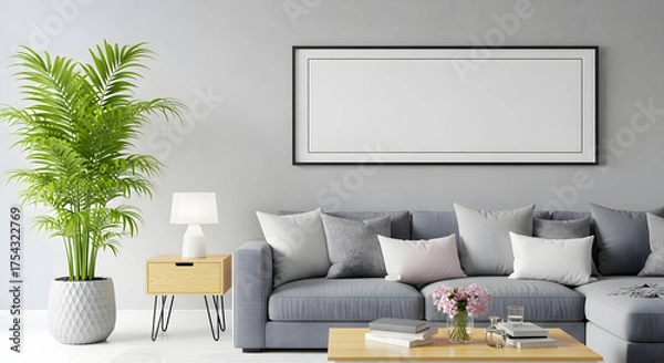 Obraz Modern living room with comfortable sofa and large blank picture frame