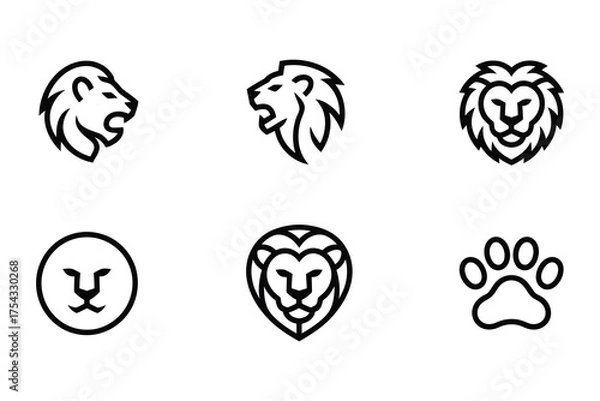 Fototapeta Lion Head and Paw Outline Icon Set – Minimalist Animal Face, Head, and Paw Vector Collection