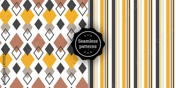 Fototapeta Set of seamless geometric patterns with diamonds and stripes in warm earthy tones. Repeating abstract backgrounds for fabrics, wallpaper, wrapping paper, textile prints, and digital design.