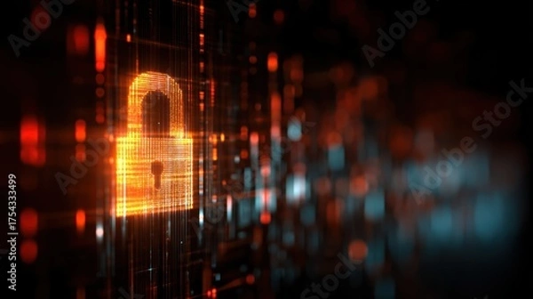Fototapeta Digital padlock symbolizing cybersecurity and data protection in a networked world with glowing binary code.