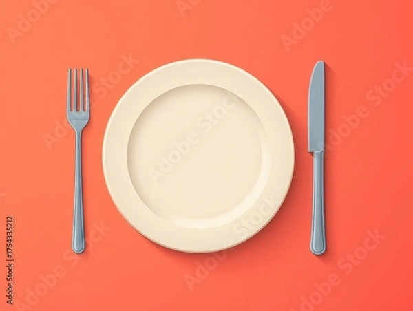 Fototapeta A minimalist table setting featuring a simple plate, fork, and knife on a vibrant background.