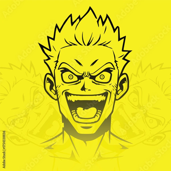 Fototapeta Maniacal vector character on vibrant yellow. Detailed, high-contrast black line art of a screaming, crazy laughing face with a fierce grin. Comic book/pop art style, aggression. urban graphic design.