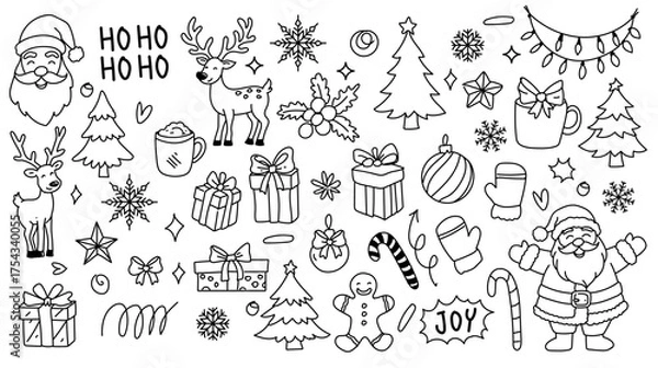 Fototapeta Christmas drawn holly line decor, pine branch, snowflake background. Hand drawn doodle sketch holly floral, christmas tree leaves, winter pine. Christmas Holiday ornament sketch doodle.