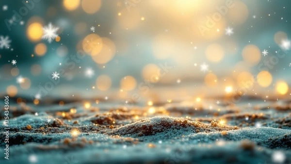 Fototapeta Magical winter scene with falling snowflakes and glowing golden bokeh lights on a frosty surface