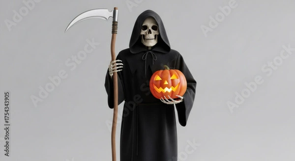 Fototapeta Grim reaper character in dark cloak holding a carved pumpkin lantern, standing against a plain background, embodying Halloween spirit and festive atmosphere
