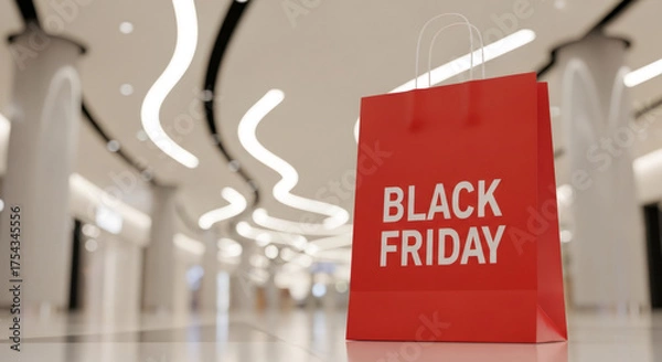 Fototapeta Black Friday shopping bag displayed in a modern retail environment, showcasing promotional sale event, with stylish lighting and spacious ambiance enhancing the shopping experience