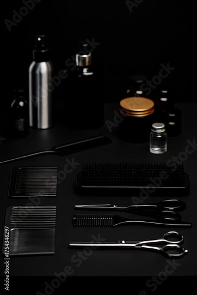 Obraz Minimalist Flatlay of Barber Tools and Grooming Products on Black Surface.