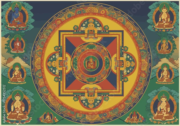 Fototapeta Intricate Tibetan Buddhist Mandala with Meditating Figures and Geometric Patterns.