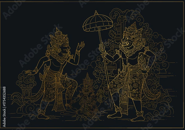 Fototapeta Golden Balinese Figures with Umbrella and Ornate Details on Black Background.