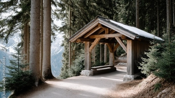 Obraz Mountain shelter along a forest path surrounded by tall trees and snow-capped peaks in a serene landscape during early morning light