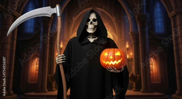 Fototapeta Grim reaper figure in dark hooded cloak, holding a carved pumpkin and scythe, stands in a gothic setting with candlelit ambiance, embodying the spirit of Halloween celebration