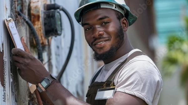 Fototapeta A smiling construction worker in overalls is seen preparing a wall for painting, holding a tool in his hand, with electrical equipment nearby, showcasing his expertise and dedication to the task at ha