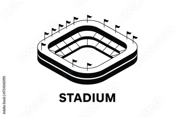 Obraz Simple Black and White Vector Illustration of a Modern Stadium with Flags and Text – Minimalist Sports Arena, Football or Soccer Field Graphic Design