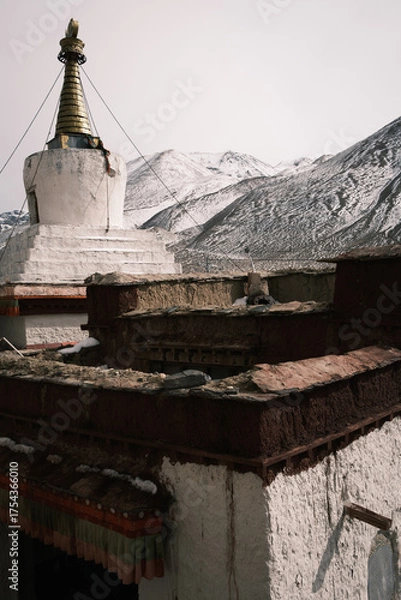 Fototapeta Rongbuk Monastery, the highest monastery in the world, near Mount Everest in Tibet. Ancient Buddhist site with prayer flags and snowy Himalayan peaks in the background