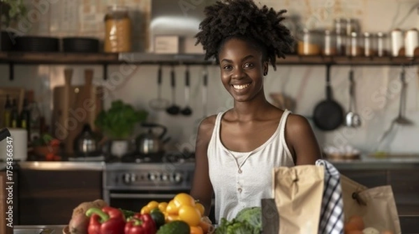 Fototapeta A cheerful young woman with natural hair stands in her bright kitchen, surrounded by fresh vegetables, a paper bag, and cooking utensils, radiating a sense of health and wellbeing