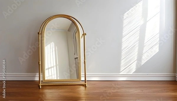 Fototapeta A large mirror with a curved top and a golden stand in an empty room with white walls and wooden floors.