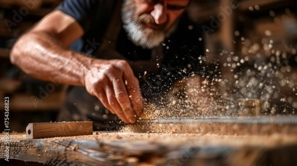 Fototapeta A bearded craftsman meticulously works with wood, his experienced hands shaping and smoothing the surface as wood shavings fly through the air, showcasing the artistry and precision of woodworking