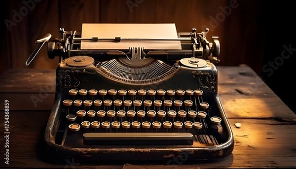 Fototapeta An old typewriter on a worn wooden table with a blank sheet of paper on top of it.