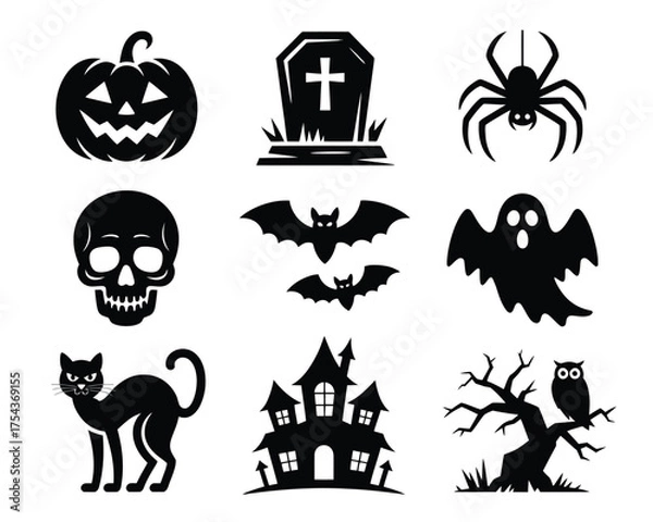 Fototapeta Collection of nine crisp black halloween silhouettes vector illustration scalable eps icon set silhouette vector illustration white background