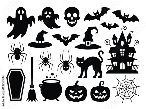 Fototapeta Spooky halloween silhouette vector icons collection for festive design projects silhouette vector illustration white background