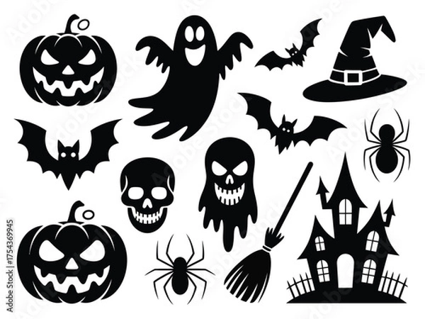 Obraz Collection of spooky halloween vector illustrations icons with pumpkins ghosts bats spiders witch hat castle and broom silhouette vector illustration white background