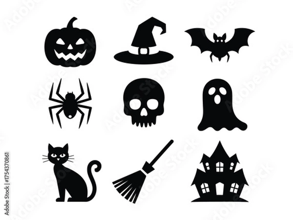 Obraz Set of black silhouette halloween icons featuring pumpkin spider ghost bat witch hat silhouette vector illustration white background