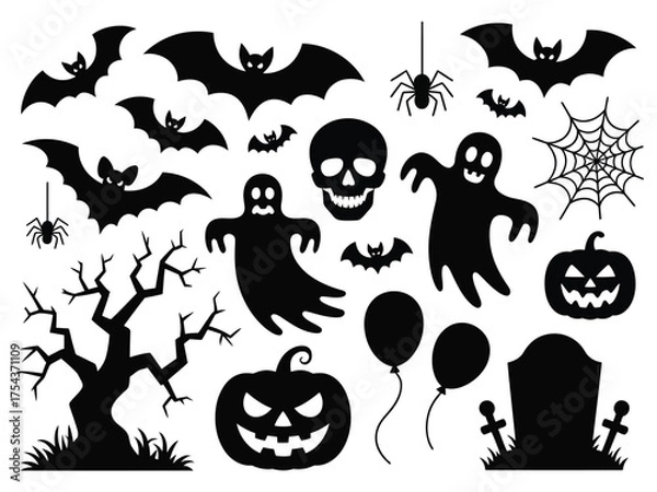 Obraz Vector halloween silhouettes collection spooky ghosts bats pumpkins spiders and haunted tree illustration silhouette vector illustration white background