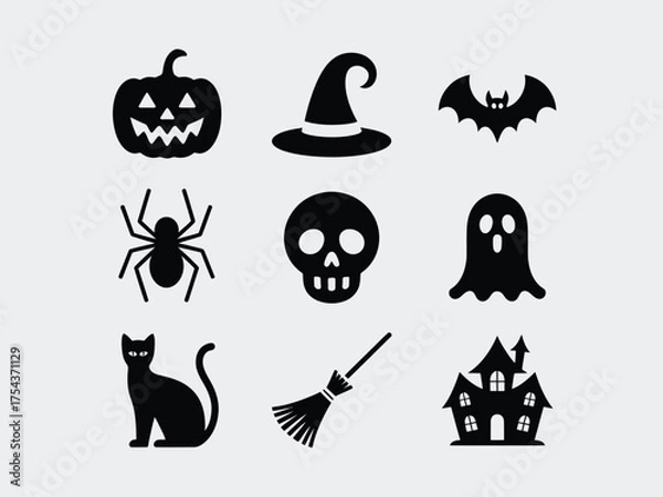 Fototapeta Set of 9 black halloween vector icons including pumpkin bat skull ghost cat and haunted house scalable eps silhouette vector illustration white background