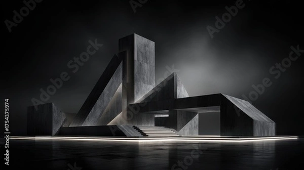 Fototapeta Dark and Dramatic Abstract Geometric Architectural Structure with Luminous Lines