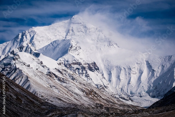 Fototapeta Aerial and ground views of Mount Everest from the Tibetan side. Majestic snow-covered peaks of the Himalayas
