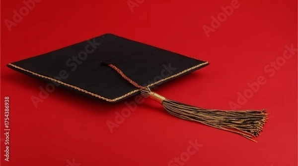 Fototapeta A black graduation cap with gold trim and a long tassel sits on a vibrant red background, symbolizing celebration,