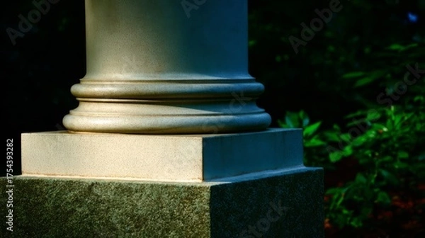 Fototapeta Classical stone column base with textured gray surface rests on rough foundation,