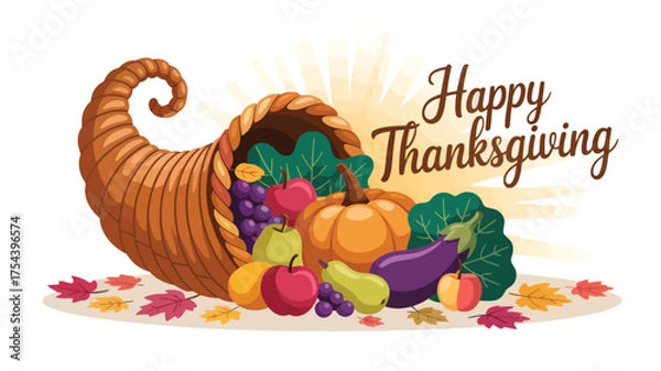 Obraz Cornucopia with autumn harvest fruits and vegetables Thanksgiving holiday illustration vector design for greeting cards and seasonal promotions