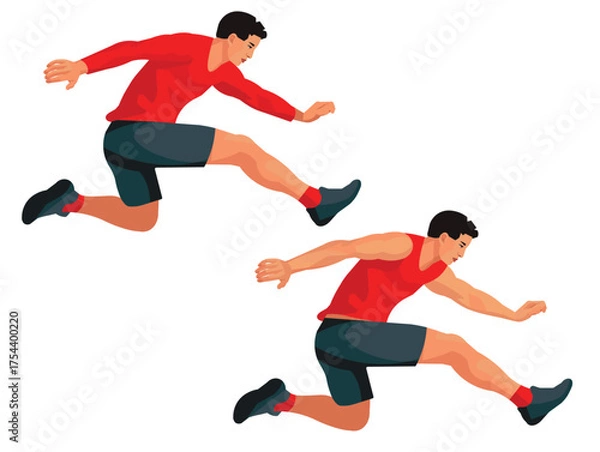 Obraz Figures of a Japanese male runner in profile jumping a hurdle at the steeplechase championships in red summer and winter sports uniforms